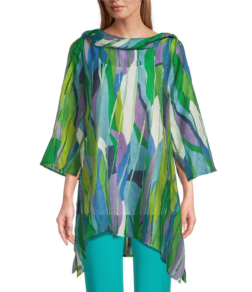 IC Collection Abstract Print Burnout Sharkbite Hem Cowl Neck Bracelet Sleeve Tunic