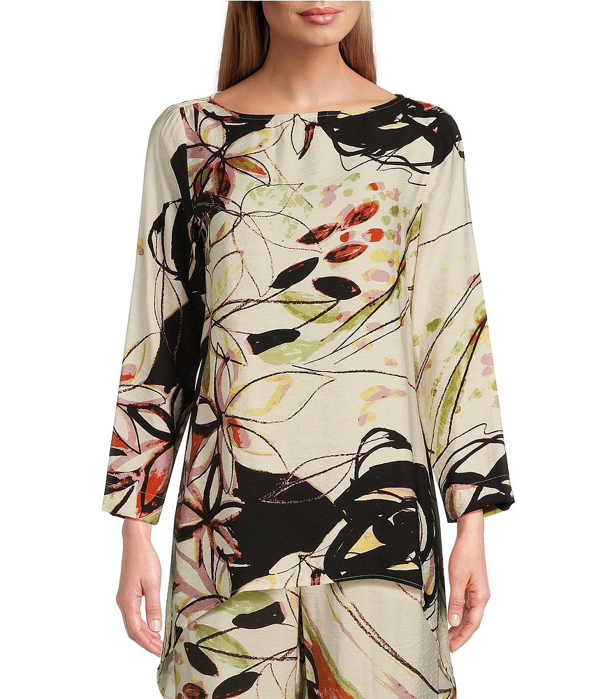 IC Collection Abstract Print Woven Boat Neck 3/4 Sleeve High-Low Hem Coordinating Tunic