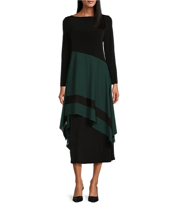 IC Collection Apron ITY Knit Boat Neck Long Sleeve Asymmetrical Contrast Layered Pocketed A-Line Midi Dress