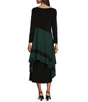 IC Collection Apron ITY Knit Boat Neck Long Sleeve Asymmetrical Contrast Layered Pocketed A-Line Midi Dress