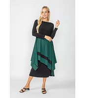 IC Collection Apron ITY Knit Boat Neck Long Sleeve Asymmetrical Contrast Layered Pocketed A-Line Midi Dress