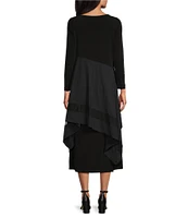 IC Collection Apron ITY Knit Boat Neck Long Sleeve Asymmetrical Contrast Layered Pocketed A-Line Midi Dress