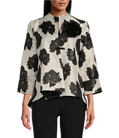 IC Collection Black Rosette Printed High Round Neck Bracelet Length Sleeve Asymmetric Hem One-Button Jacquard Jacket