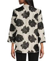 IC Collection Black Rosette Printed High Round Neck Bracelet Length Sleeve Asymmetric Hem One-Button Jacquard Jacket