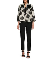 IC Collection Black Rosette Printed High Round Neck Bracelet Length Sleeve Asymmetric Hem One-Button Jacquard Jacket