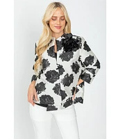 IC Collection Black Rosette Printed High Round Neck Bracelet Length Sleeve Asymmetric Hem One-Button Jacquard Jacket