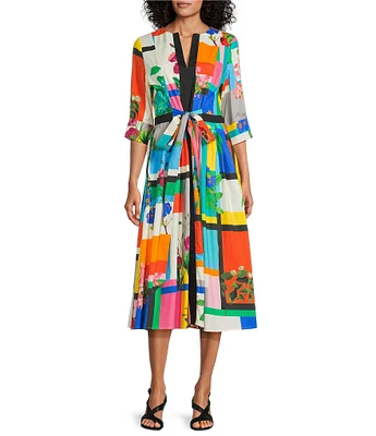 IC Collection Color Block Floral Print Split Crew Neck Elbow Sleeve Midi Dress
