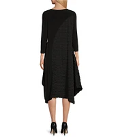 IC Collection Double Textured Puckered Ity Knit Crew Neck 3/4 Sleeve A-Line Asymmetrical Hem Midi Dress