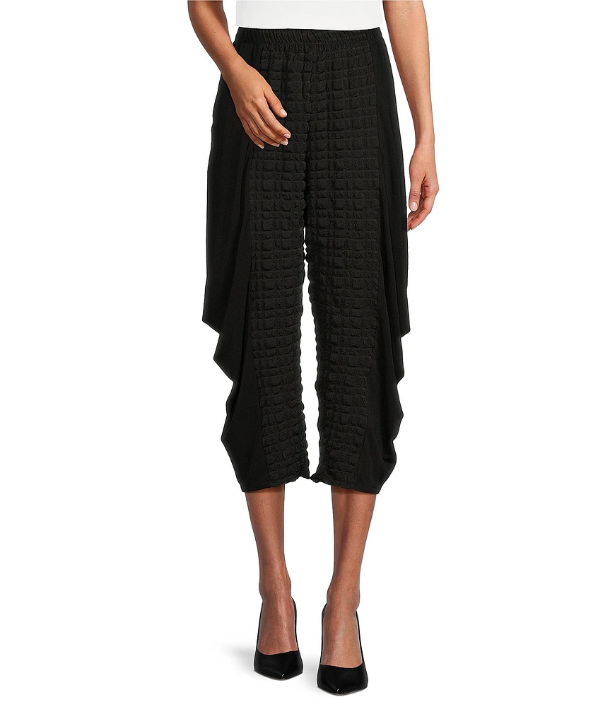 IC Collection Double Textured Puckered ITY Knit Elastic Waist Pocketed Side Draped Pull-On Coordinating Cropped Pants