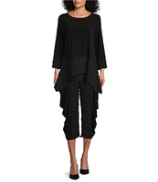 IC Collection Double Textured Puckered ITY Knit Elastic Waist Pocketed Side Draped Pull-On Coordinating Cropped Pants