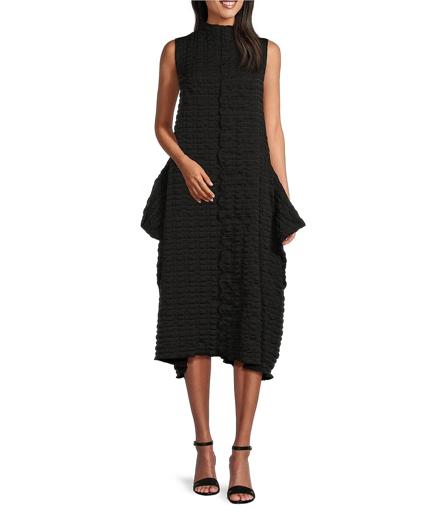 IC Collection Textured Bubble Check Woven Mock Neck Sleeveless Pocketed Swing Waistless Midi Dress