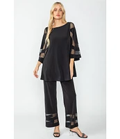 IC Collection Boat Neck 3/4 Mesh Inset Bell Sleeve Knit Top