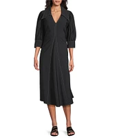 IC Collection Knit Collar V-Neck Elbow Puff Sleeve Fit-An-Flare Dress