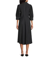 IC Collection Knit Collar V-Neck Elbow Puff Sleeve Fit-An-Flare Dress