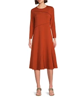 IC Collection Knit Crepe Round Neck Bracelet Sleeve Midi A-Line Dress