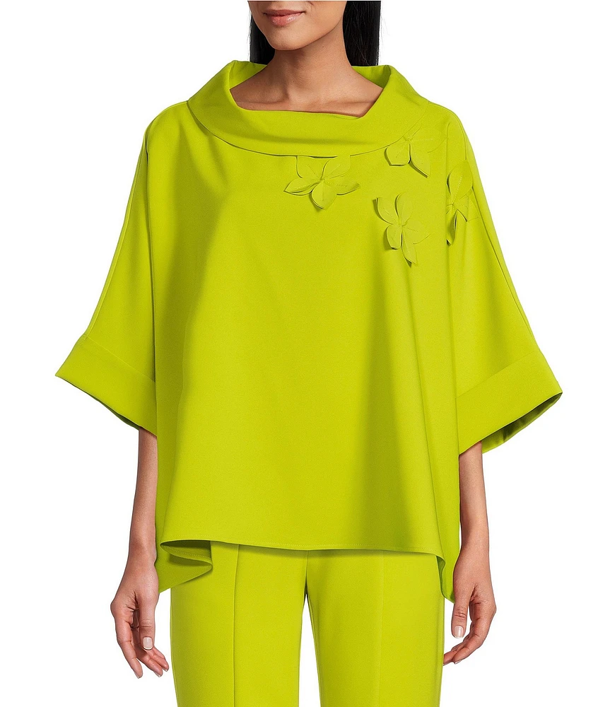 IC Collection Knit Fold Funnel Neck Elbow Sleeve Floral Applique Tunic