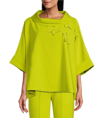 IC Collection Knit Fold Funnel Neck Elbow Sleeve Floral Applique Tunic