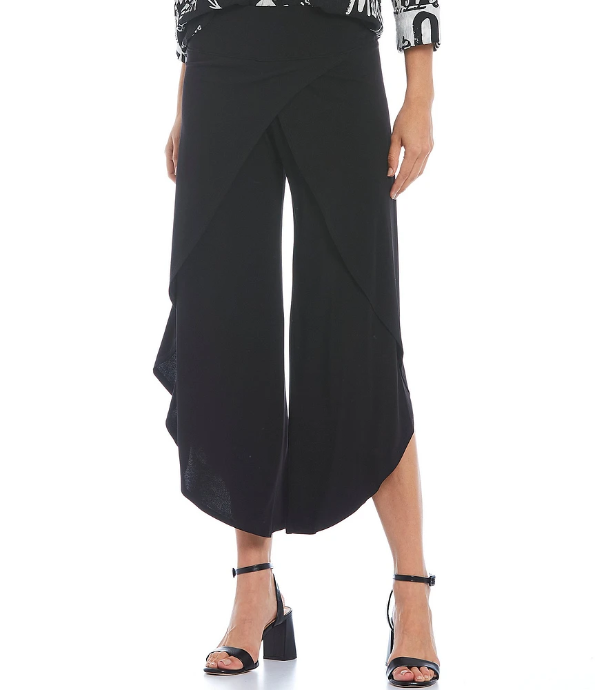 IC Collection Knit Jersey Side Wrap Angled Hem Wide Leg Pull-On Cropped Pants