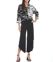 IC Collection Knit Jersey Side Wrap Angled Hem Wide Leg Pull-On Cropped Pants