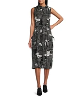 IC Collection Knit Newspaper Print Cowl Mock Neck Sleeveless Balloon Midi Dress