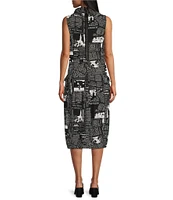 IC Collection Knit Newspaper Print Cowl Mock Neck Sleeveless Balloon Midi Dress