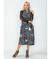 IC Collection Knit Newspaper Print Cowl Mock Neck Sleeveless Balloon Midi Dress