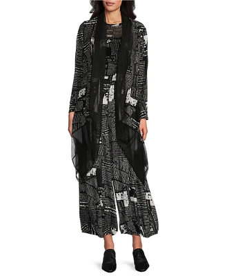 IC Collection Mesh Newspaper Print Open Front Long Sleeve Drape Hem Jacket