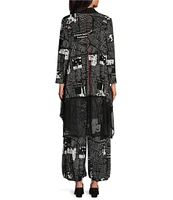 IC Collection Mesh Newspaper Print Open Front Long Sleeve Drape Hem Jacket