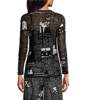 IC Collection Mesh Newspaper Print Round Neck Long Sleeve Top