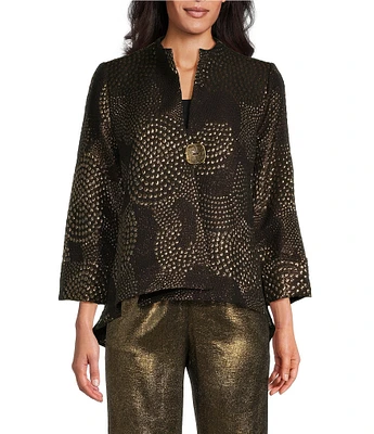 IC Collection Mix Metallic Textured Printed Mock Neck Bracelet Sleeve Asymmetric Hem One Button-Front Jacket