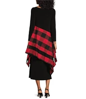 IC Collection Mixed Media Knit Jersey Boat Neck Long Sleeve Pocketed Tartan Stripe Layered A-Line Midi Dress