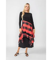 IC Collection Mixed Media Knit Jersey Boat Neck Long Sleeve Pocketed Tartan Stripe Layered A-Line Midi Dress