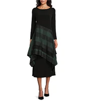 IC Collection Mixed Media Knit Jersey Boat Neck Long Sleeve Pocketed Tartan Stripe Layered A-Line Midi Dress