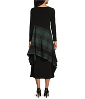 IC Collection Mixed Media Knit Jersey Boat Neck Long Sleeve Pocketed Tartan Stripe Layered A-Line Midi Dress