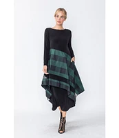 IC Collection Mixed Media Knit Jersey Boat Neck Long Sleeve Pocketed Tartan Stripe Layered A-Line Midi Dress