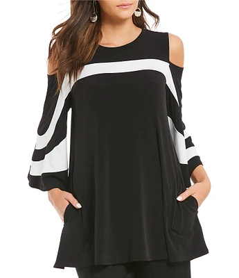 IC Collection Crew Neck Cold Shoulder 3/4 Sleeve Trim Platter Top