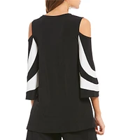 IC Collection Crew Neck Cold Shoulder 3/4 Sleeve Trim Platter Top