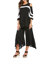 IC Collection Crew Neck Cold Shoulder 3/4 Sleeve Trim Platter Top