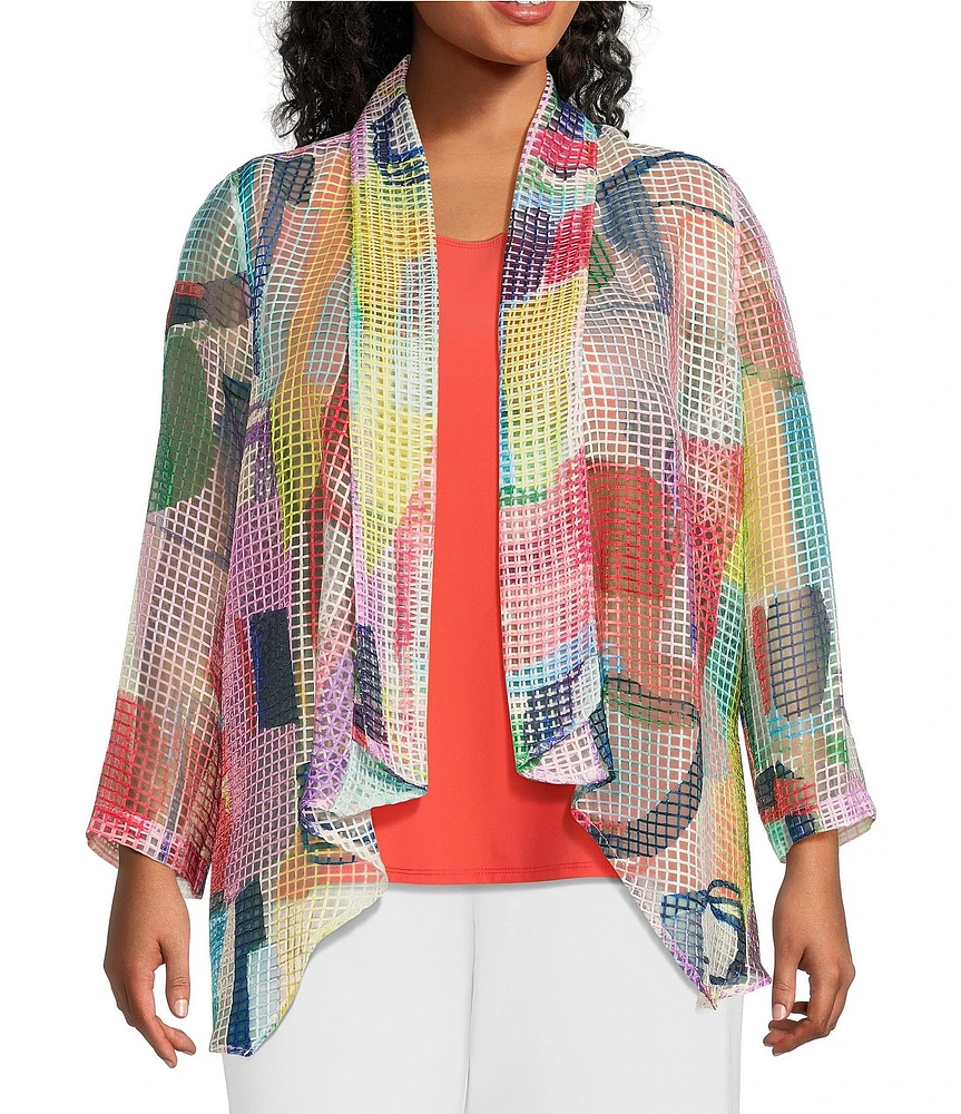 IC Collection Plus Abstract Printed Mesh Shawl Collar Bracelet Sleeve Jacket
