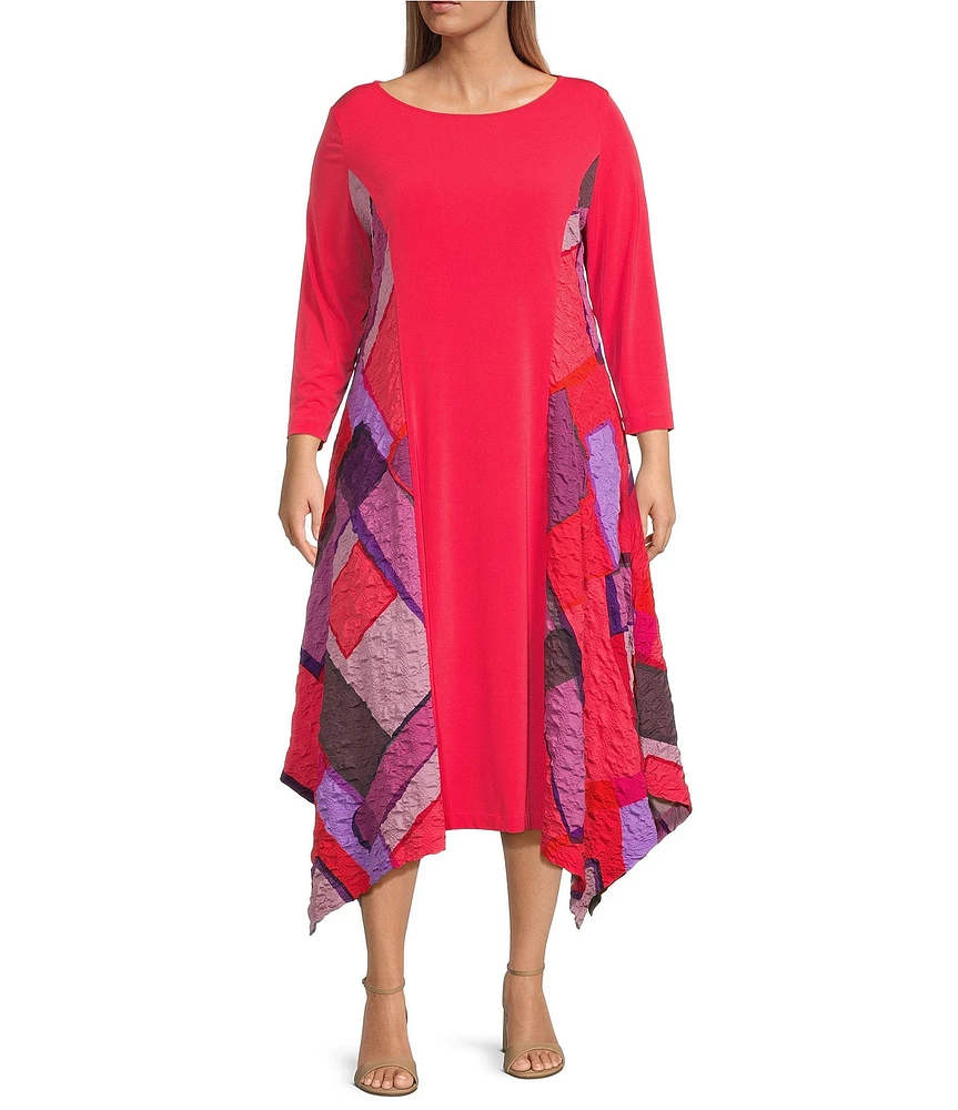 IC Collection Plus Knit Colorblock Geometric Print Boat Neck 3/4 Sleeve Dress