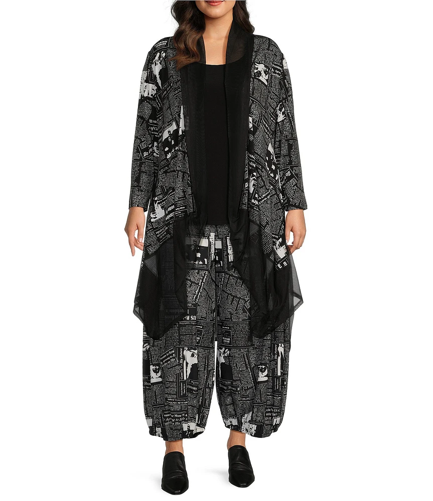 IC Collection Plus Mesh Newspaper Print Open Front Long Sleeve Drape Hem Jacket