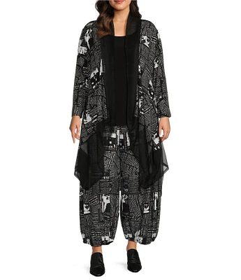 IC Collection Plus Mesh Newspaper Print Open Front Long Sleeve Drape Hem Jacket