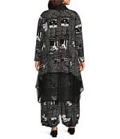 IC Collection Plus Mesh Newspaper Print Open Front Long Sleeve Drape Hem Jacket