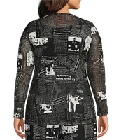 IC Collection Plus Mesh Newspaper Print Round Neck Long Sleeve Top