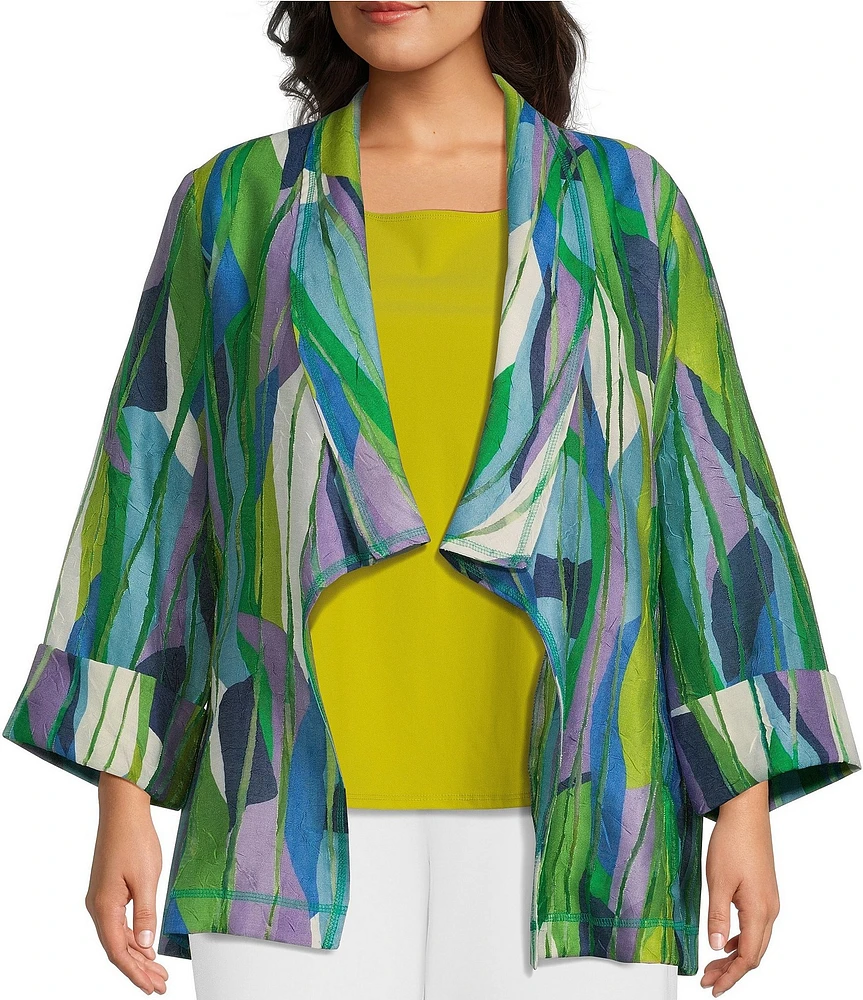 IC Collection Plus Size Abstract Print Woven Waterfall Collar Bracelet Sleeve Jacket