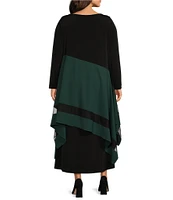 IC Collection Plus Size Apron ITY Knit Boat Neck Long Sleeve Asymmetrical Contrast Layered Pocketed A-Line Midi Dress