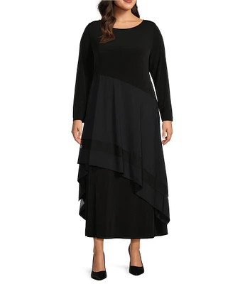 IC Collection Plus Size Apron ITY Knit Boat Neck Long Sleeve Asymmetrical Contrast Layered Pocketed A-Line Midi Dress