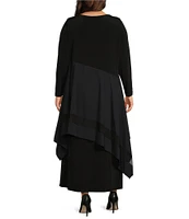 IC Collection Plus Size Apron ITY Knit Boat Neck Long Sleeve Asymmetrical Contrast Layered Pocketed A-Line Midi Dress