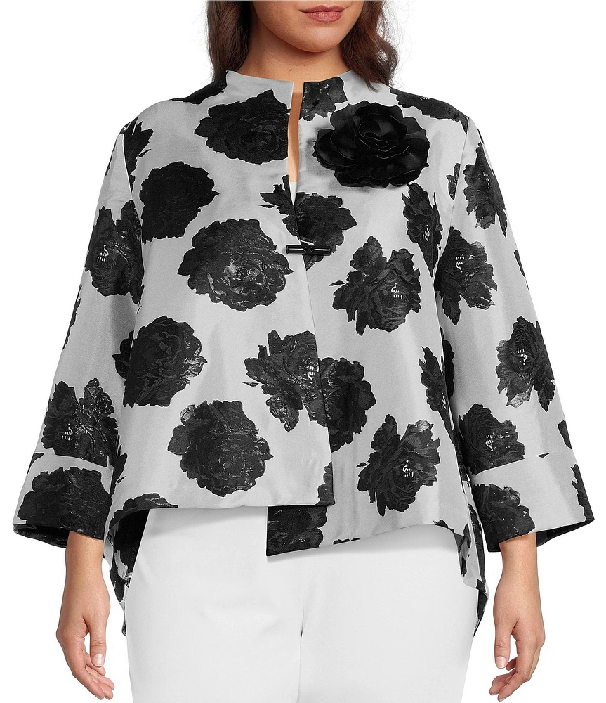 IC Collection Plus Size Black Rosette Printed High Round Collar Bracelet Length Sleeve Asymmetric One-Button Jacquard Jacket