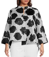 IC Collection Plus Size Black Rosette Printed High Round Collar Bracelet Length Sleeve Asymmetric One-Button Jacquard Jacket